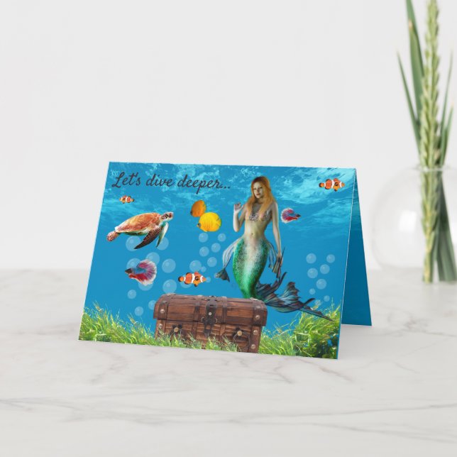 Underwater Mermaid Treasure Hunt Fantasy Blue Card (Front)