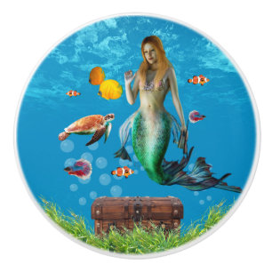 Underwater Mermaid Treasure Hunt Fantasy Blue Ceramic Knob