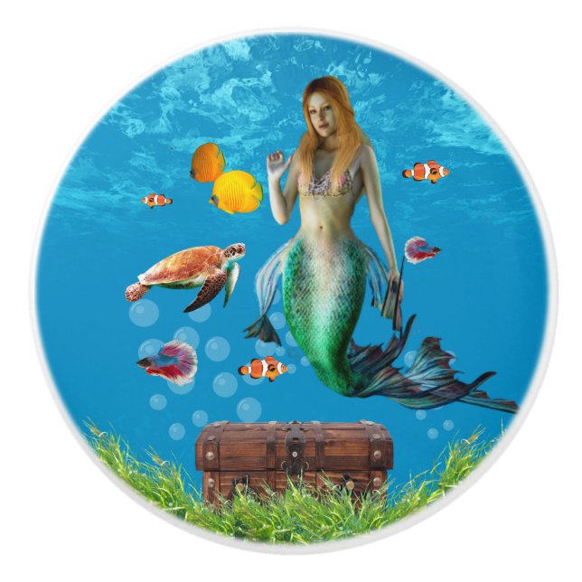 Underwater Mermaid Treasure Hunt Fantasy Blue Ceramic Knob (Front)