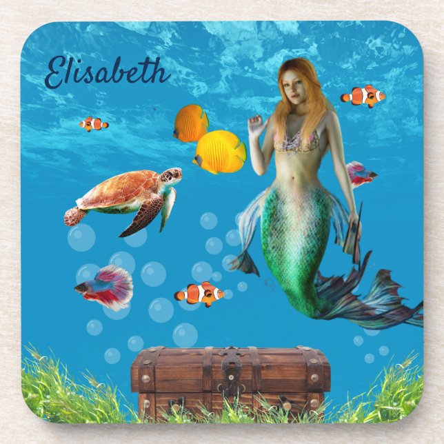 Underwater Mermaid Treasure Hunt Fantasy Blue Coaster (Front)