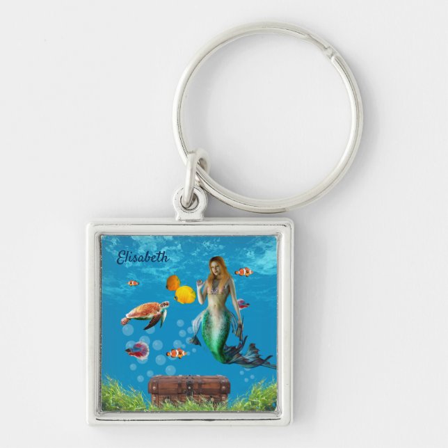 Underwater Mermaid Treasure Hunt Fantasy Blue Key Ring (Front)