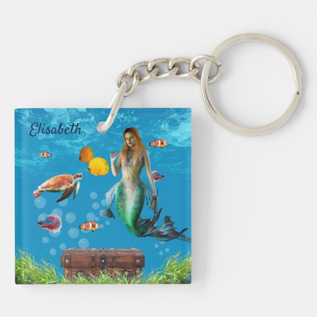 Underwater Mermaid Treasure Hunt Fantasy Blue Key Ring (Back)