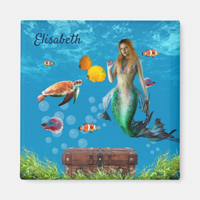 Underwater Mermaid Treasure Hunt Fantasy Blue Magnet (Front)