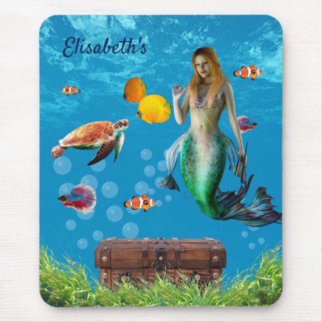 Underwater Mermaid Treasure Hunt Fantasy Blue Mouse Mat (Front)