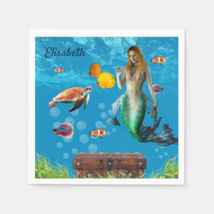 Underwater Mermaid Treasure Hunt Fantasy Blue Napkin