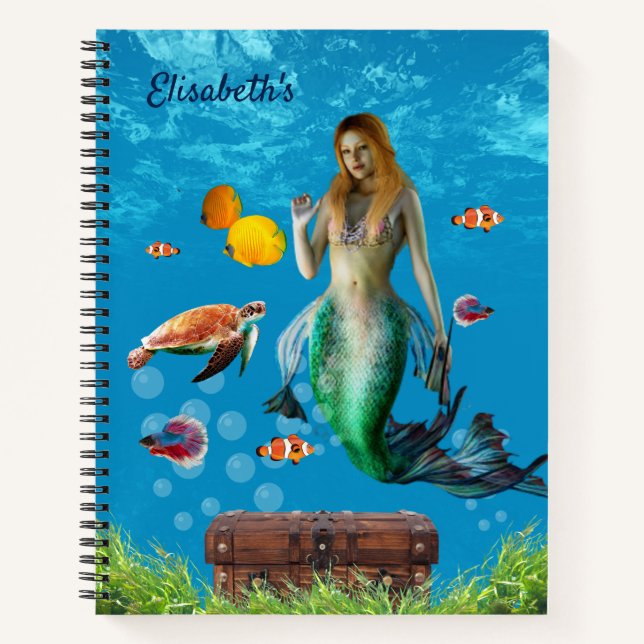 Underwater Mermaid Treasure Hunt Fantasy Blue Notebook (Front)