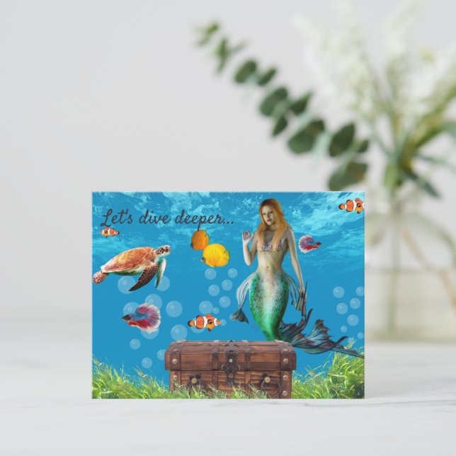 Underwater Mermaid Treasure Hunt Fantasy Blue Postcard (Standing Front)