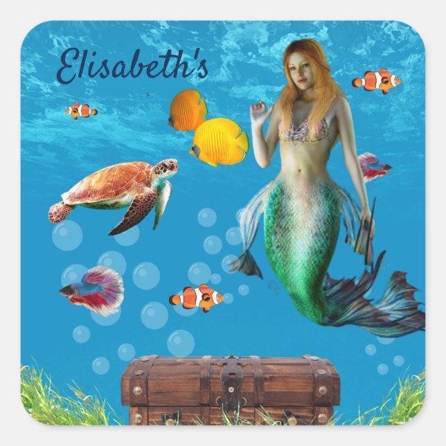 Underwater Mermaid Treasure Hunt Fantasy Blue Square Sticker (Front)