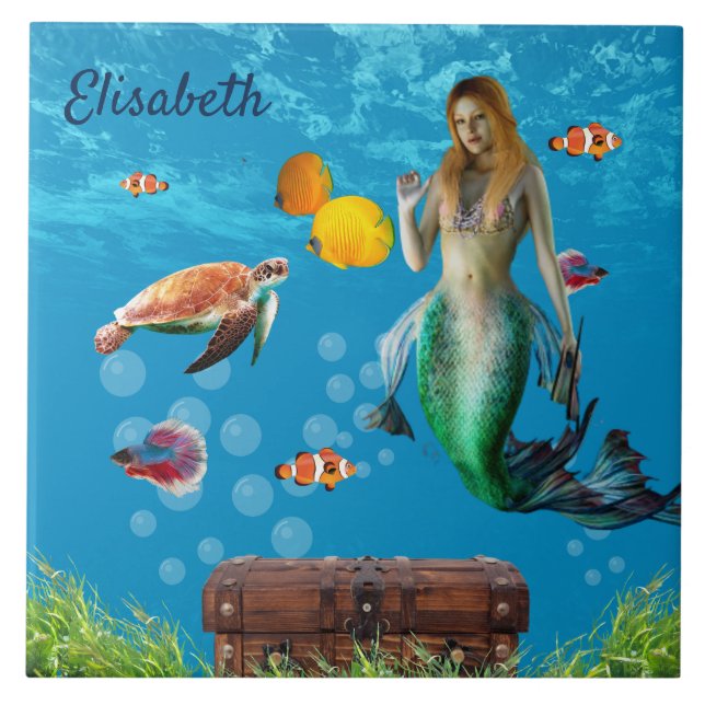 Underwater Mermaid Treasure Hunt Fantasy Blue Tile (Front)