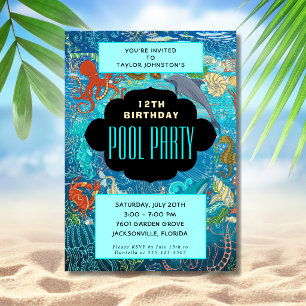 Underwater Ocean Animals Swimming Pool Party Invitation