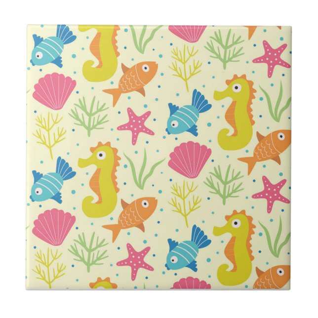 Underwater ocean seahorse,starfish  and seashells  tile (Front)