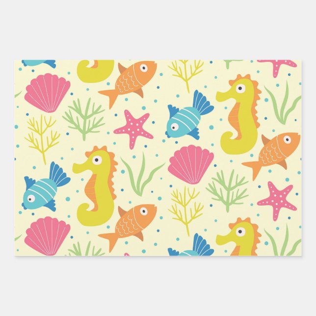 Underwater ocean seahorse,starfish seashells  wrapping paper sheet (Front)