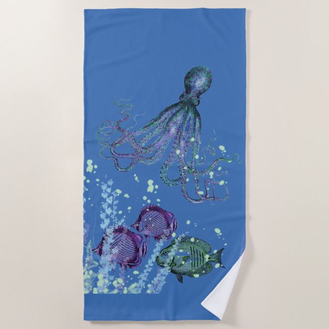 Underwater Octopus Fish Scene shades of blue Beach Towel (Front)