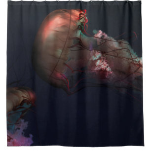 UNDERWATER PHOTOGRAPHY OF TWO RED JELLYFISH SHOWER CURTAIN