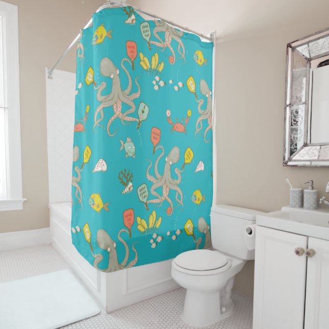 Underwater Pickleball turquoise Shower Curtain (In Situ)