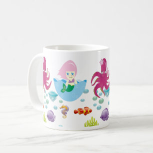 Underwater Pink Mermaid and Octopus Ocean Fantasy Coffee Mug