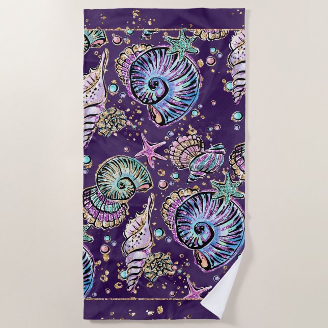 Underwater Purple Luxe | Dark Pastel Gold Sea Life Beach Towel (Front)