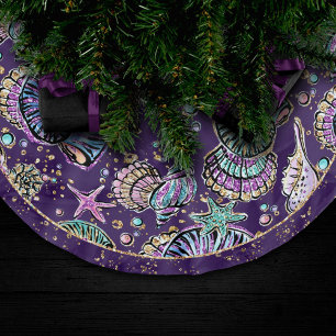 Underwater Purple Luxe   Dark Pastel Gold Sea Life Brushed Polyester Tree Skirt