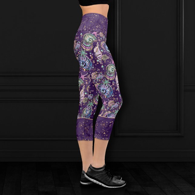 Underwater Purple Luxe | Dark Pastel Gold Sea Life Capri Leggings (Creator Uploaded)