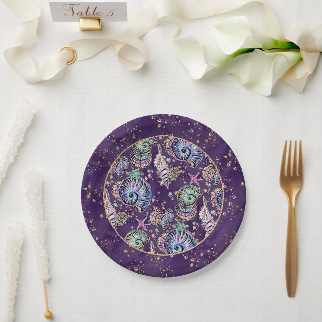 Underwater Purple Luxe | Dark Pastel Gold Sea Life Paper Plate (Wedding)