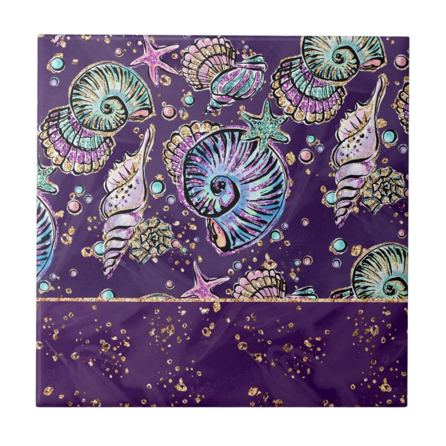 Underwater Purple Luxe | Dark Pastel Gold Sea Life Tile (Front)