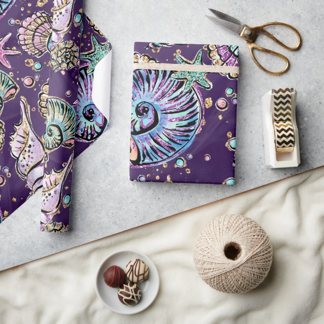 Underwater Purple Luxe | Dark Pastel Gold Sea Life Wrapping Paper (Crafts)