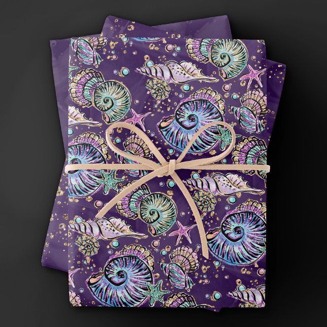 Underwater Purple Luxe | Dark Pastel Gold Sea Life Wrapping Paper Sheet (Creator Uploaded)