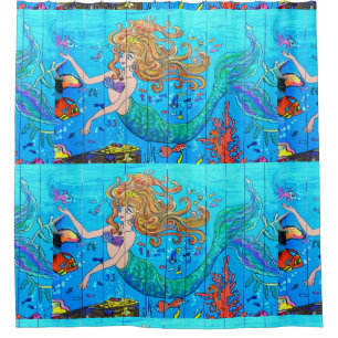 underwater redheaded mermaids with blue tails shower curtain