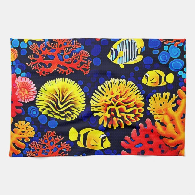 Underwater Reef Life Bright Design Tea Towel (Horizontal)
