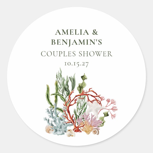 Underwater Sea Coral Shells Couples Shower Classic Round Sticker (Front)