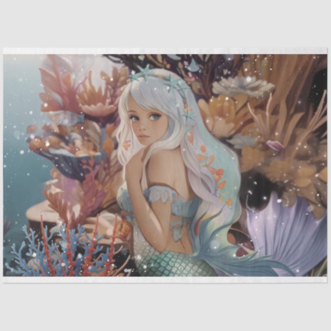 Underwater Sea Foam and Gold Watercolor Mermaid Tissue Paper (Front)