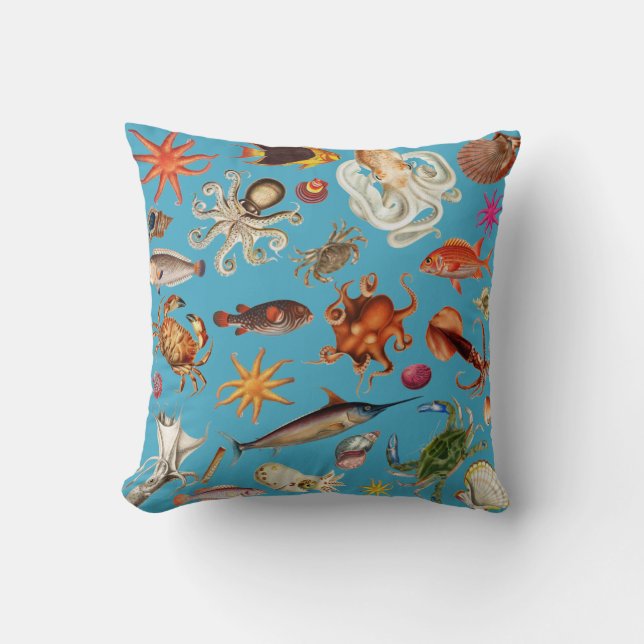 Underwater Sea Life Illustration Ocean Blue Cushion (Front)