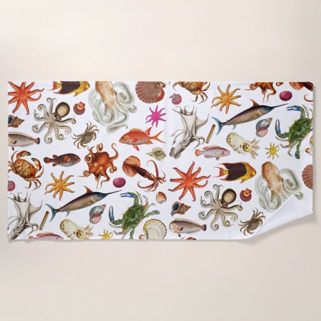 Underwater Sea Life Illustration Pattern Beach Towel (Front)