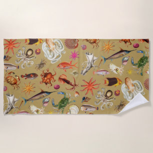 Underwater Sea Life Illustration Pattern Gold Beach Towel