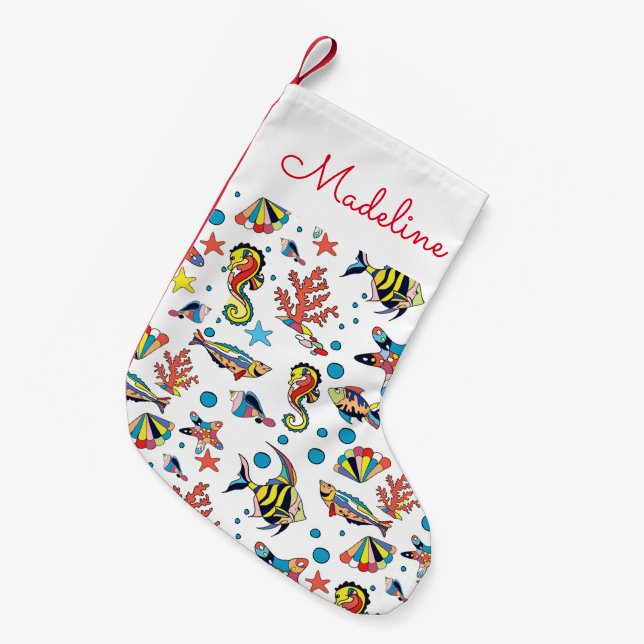 Underwater Sea Life Pattern | Add Your Name Small Christmas Stocking (Front (Hanging))