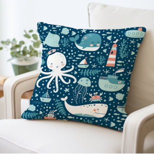Underwater Sea Life Pillow, Nautical Ocean  Cushion