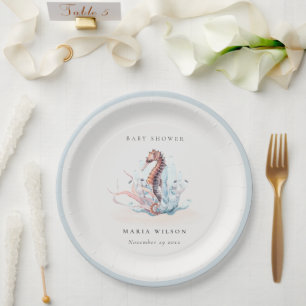 Underwater Seahorse Seaweed Coral Baby Shower Paper Plate