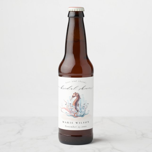 Underwater Seahorse Seaweed Coral Bridal Shower Beer Bottle Label (Front)