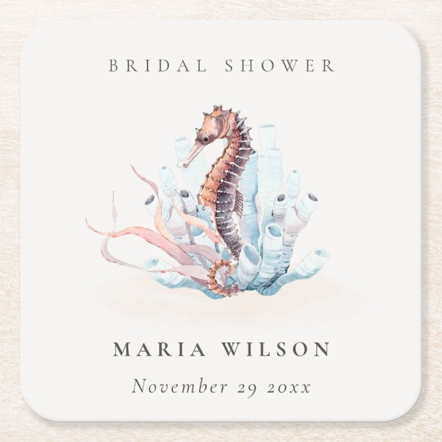 Underwater Seahorse Seaweed Coral Bridal Shower Square Paper Coaster (Front)