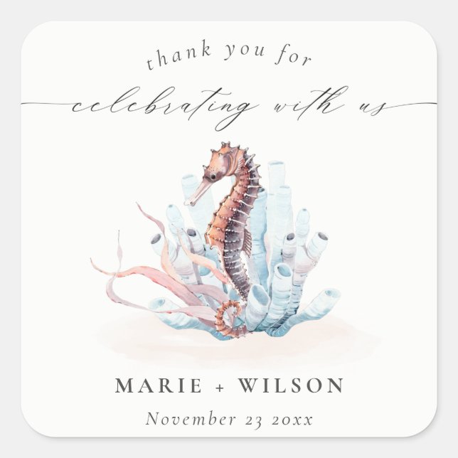 Underwater Seahorse Seaweed Coral Wedding Square Sticker (Front)