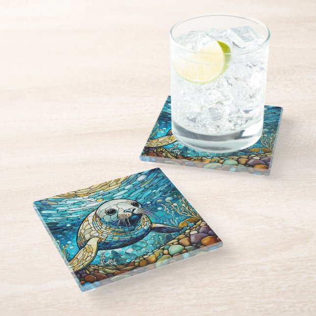 Underwater Seal Stained glass art Glass Coaster (Angled)