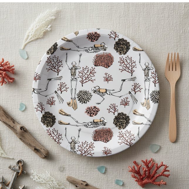 Underwater Skeleton Scuba Diving Paper Plate (White Skeleton Scuba Diving Paper Plates for Halloween / Day of the Dead. Divers Swimming Underwater)