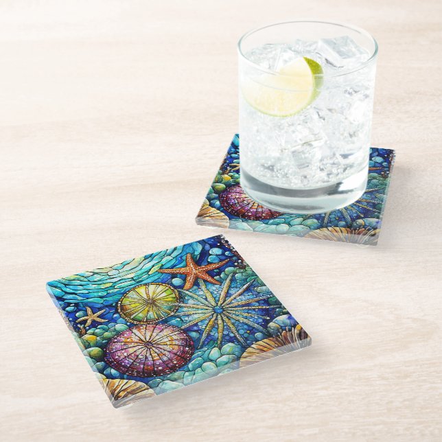 Underwater Starfish and urchin Stained glass art Glass Coaster (Angled)