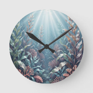 Underwater Sunbeams Coral Reef Seaweed Ocean Scene Round Clock