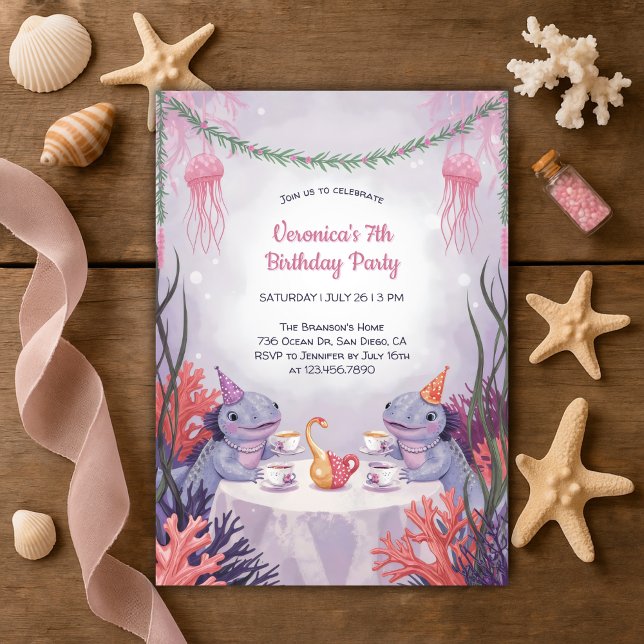 Underwater Tea Party Cute Axolotl Ocean Birthday Invitation (Underwater Tea Party Birthday Invitation – Cute Axolotl Ocean Birthday Invite)