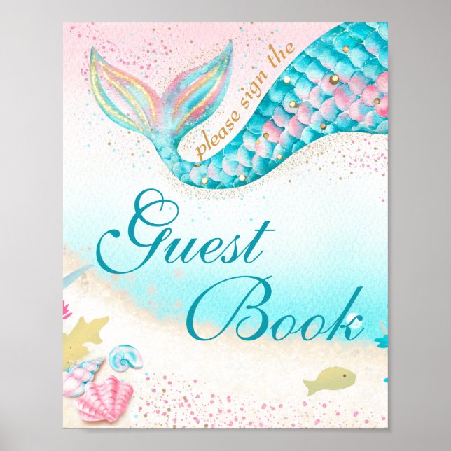 Underwater Teal Girl Mermaid Guest Book Decor Sign (Front)