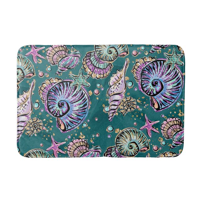 Underwater Teal Luxe | Green Pastel Gold Seashells Bath Mat (Front)