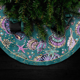 Underwater Teal Luxe Green Pastel Gold Seashells Brushed Polyester Tree Skirt