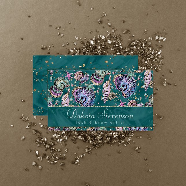 Underwater Teal Luxe | Green Pastel Gold Seashells Business Card (Creator Uploaded)