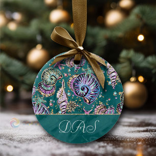 Underwater Teal Luxe   Green Pastel Gold Seashells Ceramic Tree Decoration